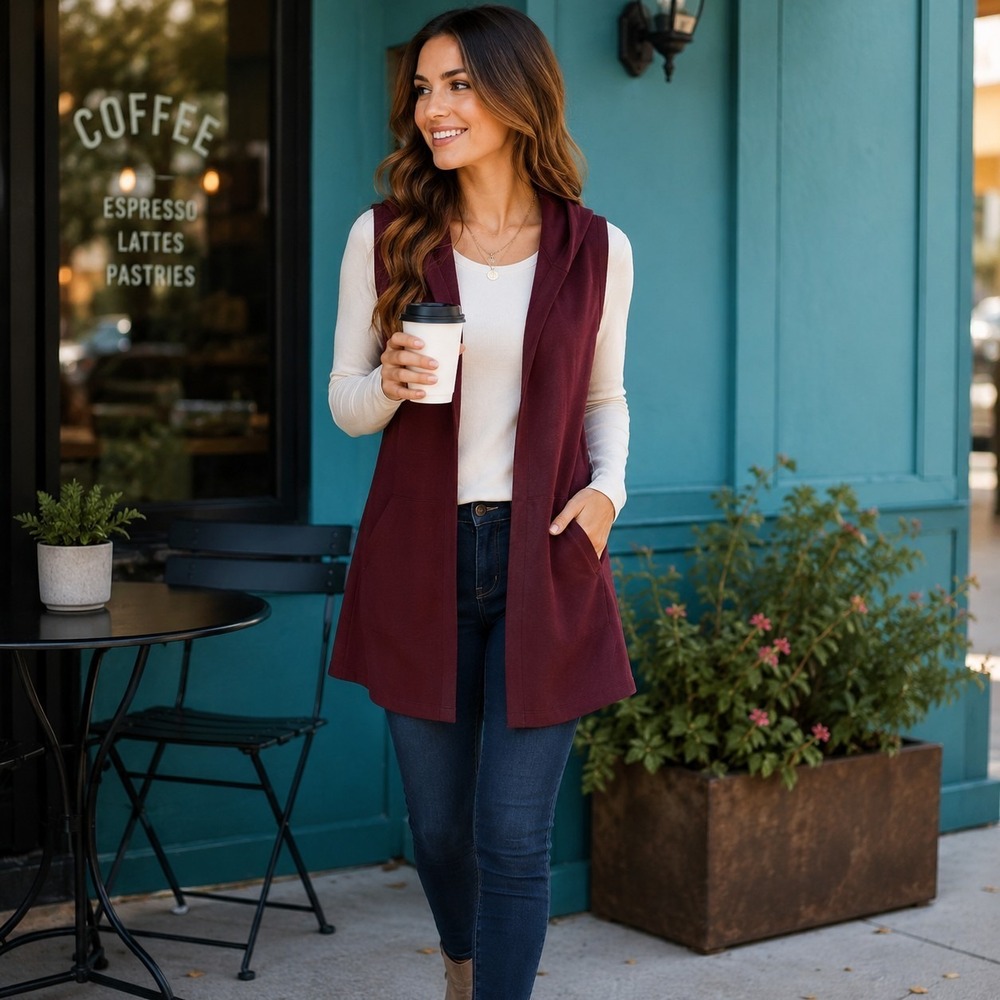 Krazy Kat Women's Small Sleeveless Duster Burgundy Boho Minimalist Layering Fall